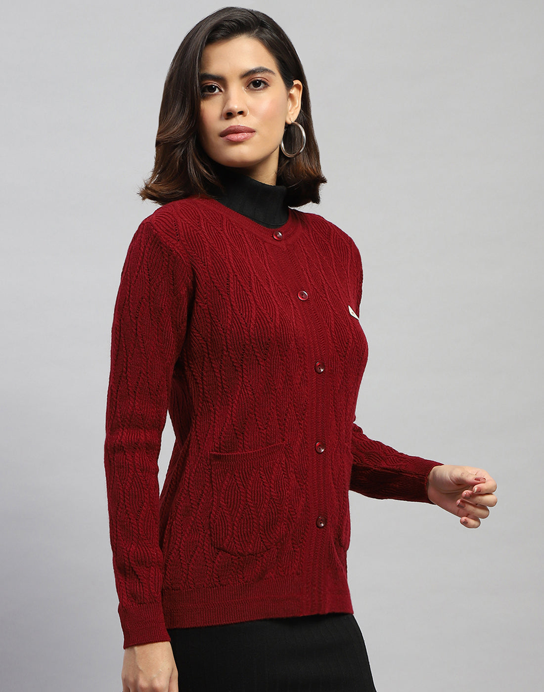 Women Maroon Self Design Round Neck Full Sleeve Cardigan