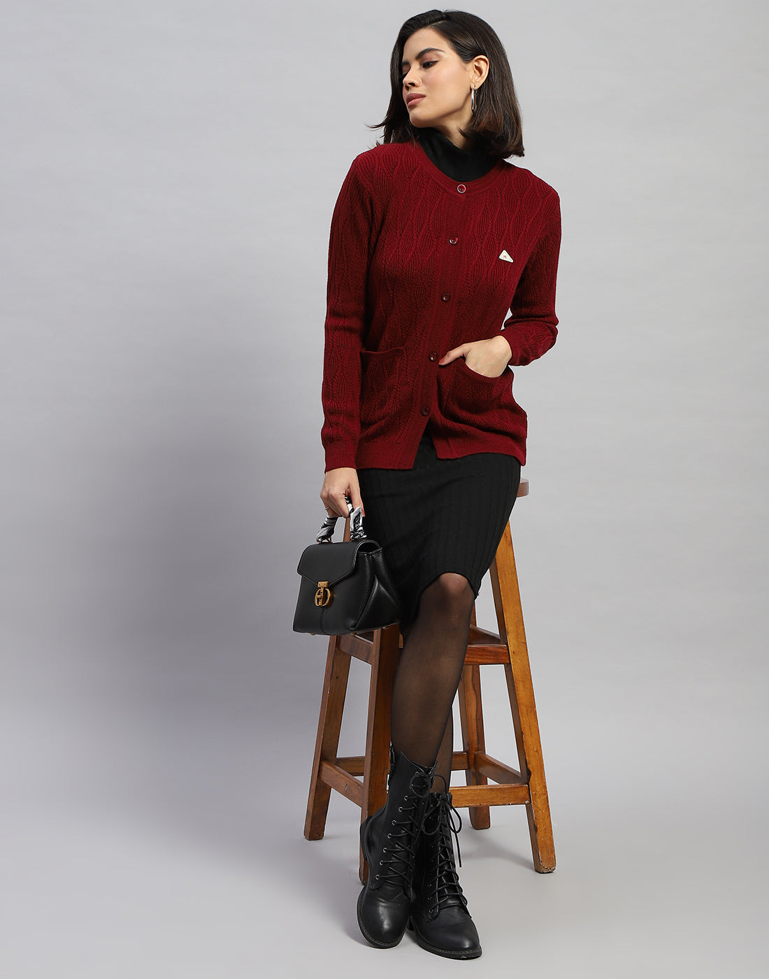 Women Maroon Self Design Round Neck Full Sleeve Cardigan