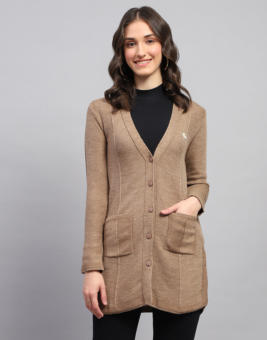 Women Brown Self Design V Neck Full Sleeve Cardigan