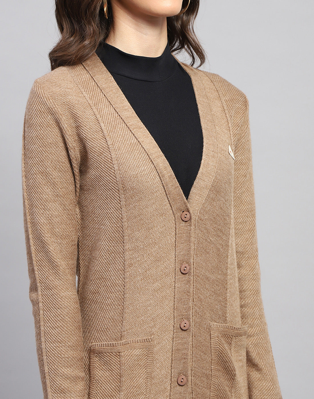 Women Brown Self Design V Neck Full Sleeve Cardigan