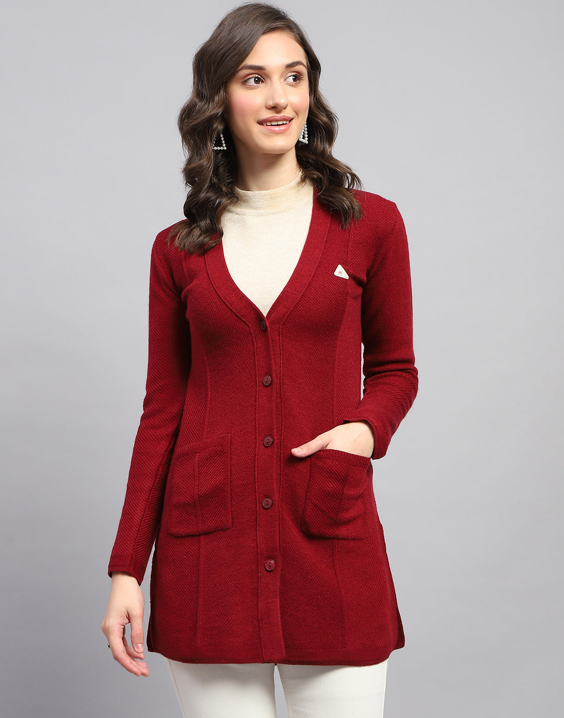 Women Red Self Design V Neck Full Sleeve Cardigan