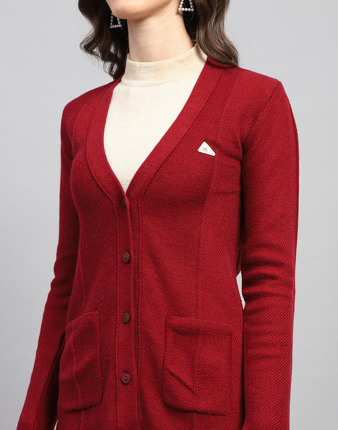 Women Red Self Design V Neck Full Sleeve Cardigan