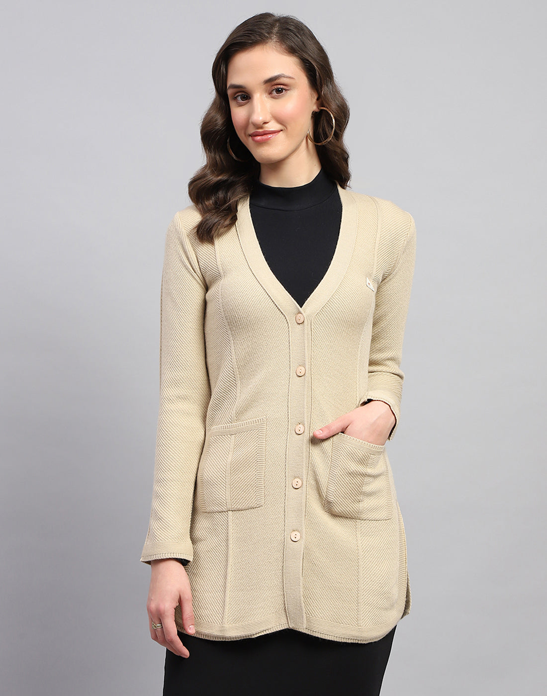 Women Beige Self Design V Neck Full Sleeve Cardigan