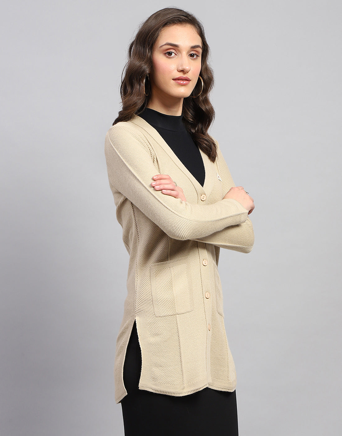 Women Beige Self Design V Neck Full Sleeve Cardigan