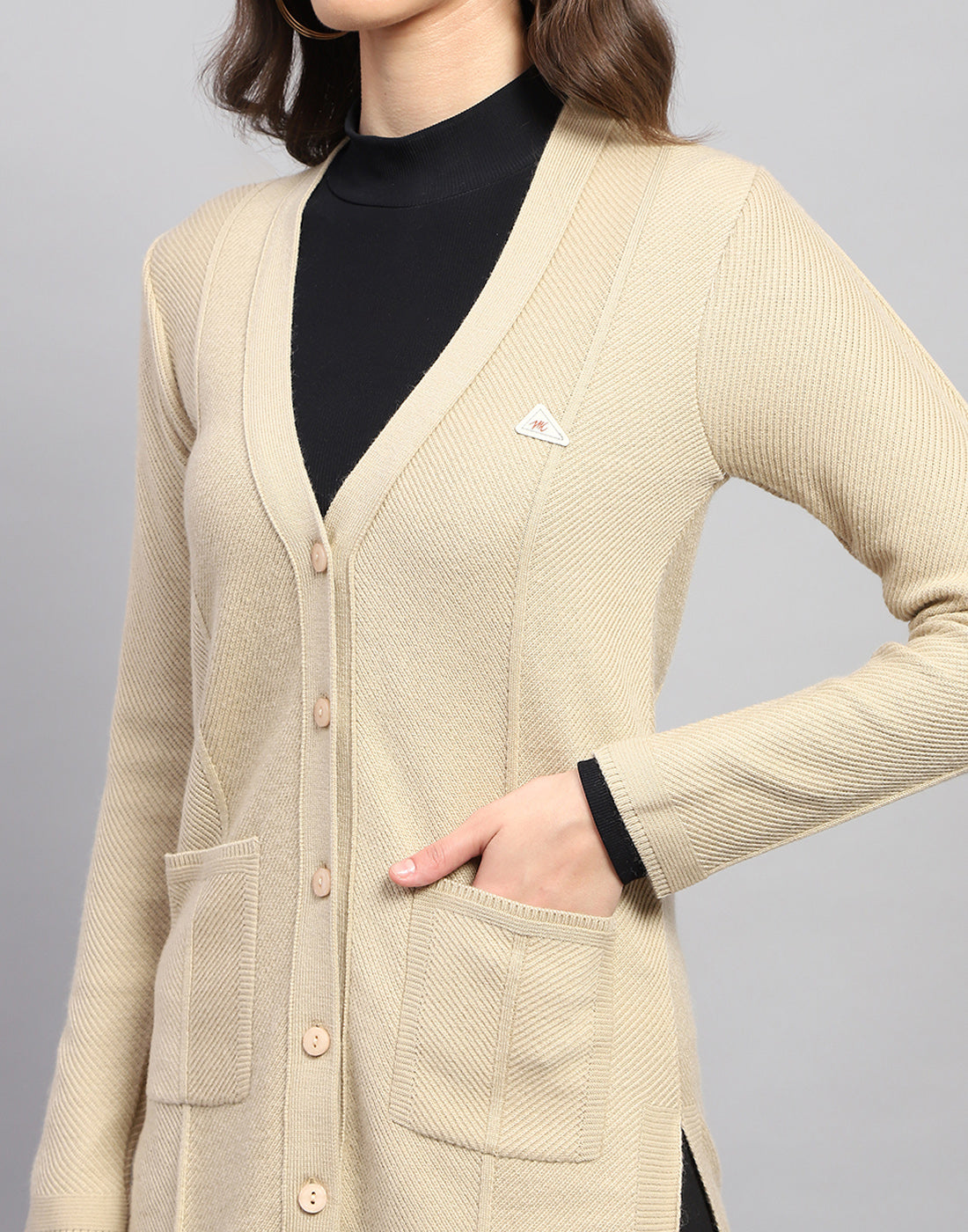 Women Beige Self Design V Neck Full Sleeve Cardigan