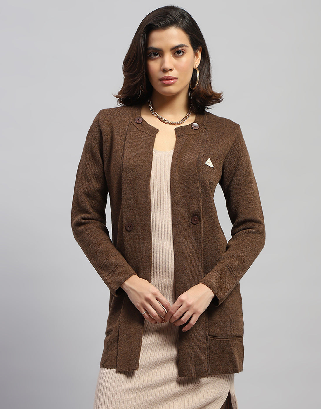 Women Brown Self Design Round Neck Full Sleeve Cardigan