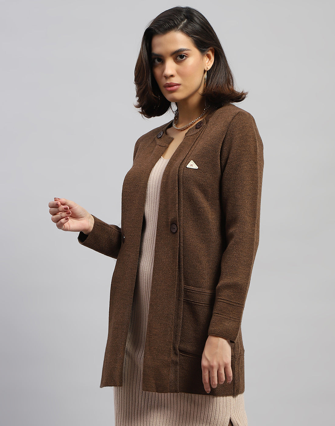 Women Brown Self Design Round Neck Full Sleeve Cardigan