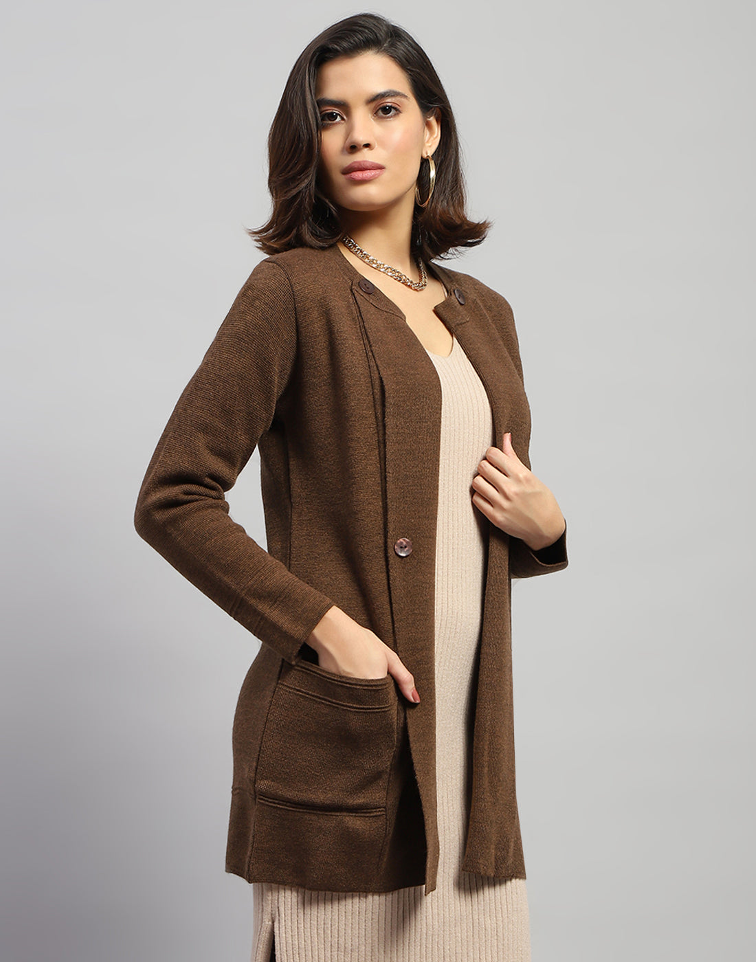 Women Brown Self Design Round Neck Full Sleeve Cardigan