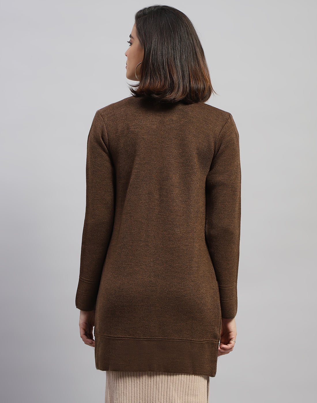 Women Brown Self Design Round Neck Full Sleeve Cardigan