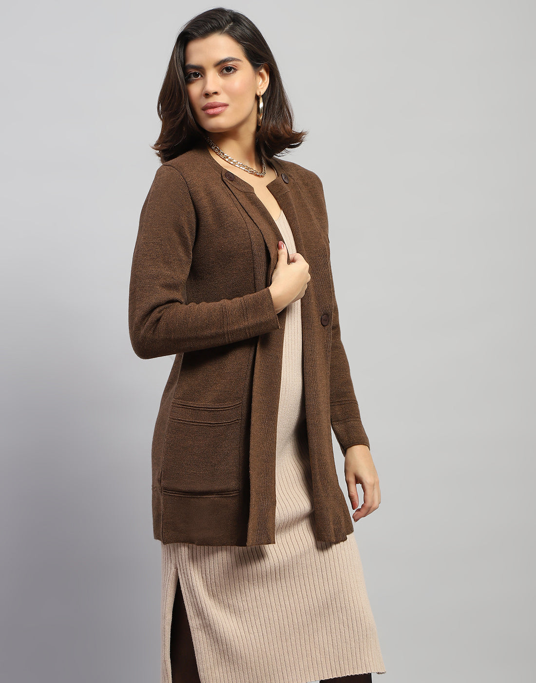 Women Brown Self Design Round Neck Full Sleeve Cardigan