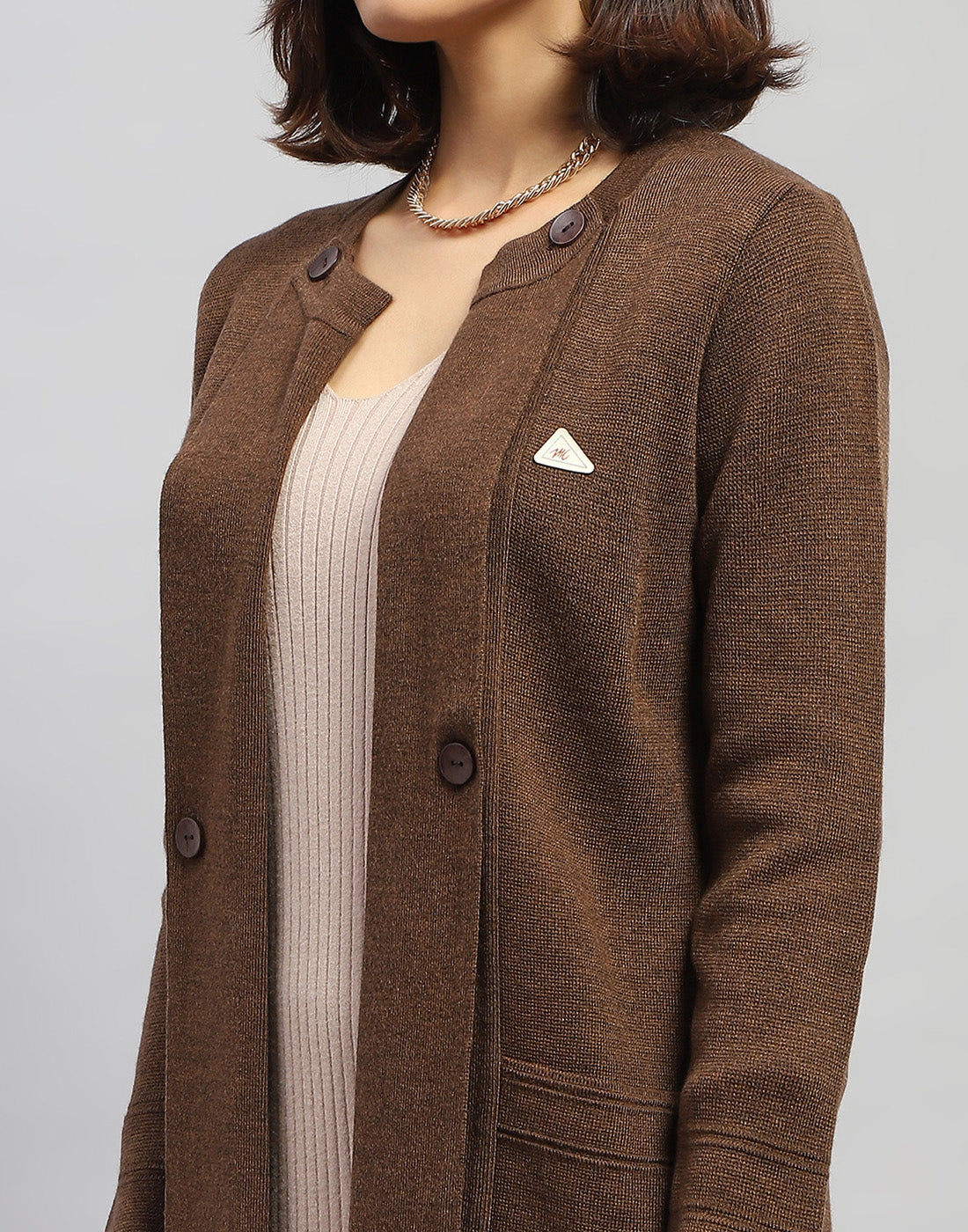 Women Brown Self Design Round Neck Full Sleeve Cardigan