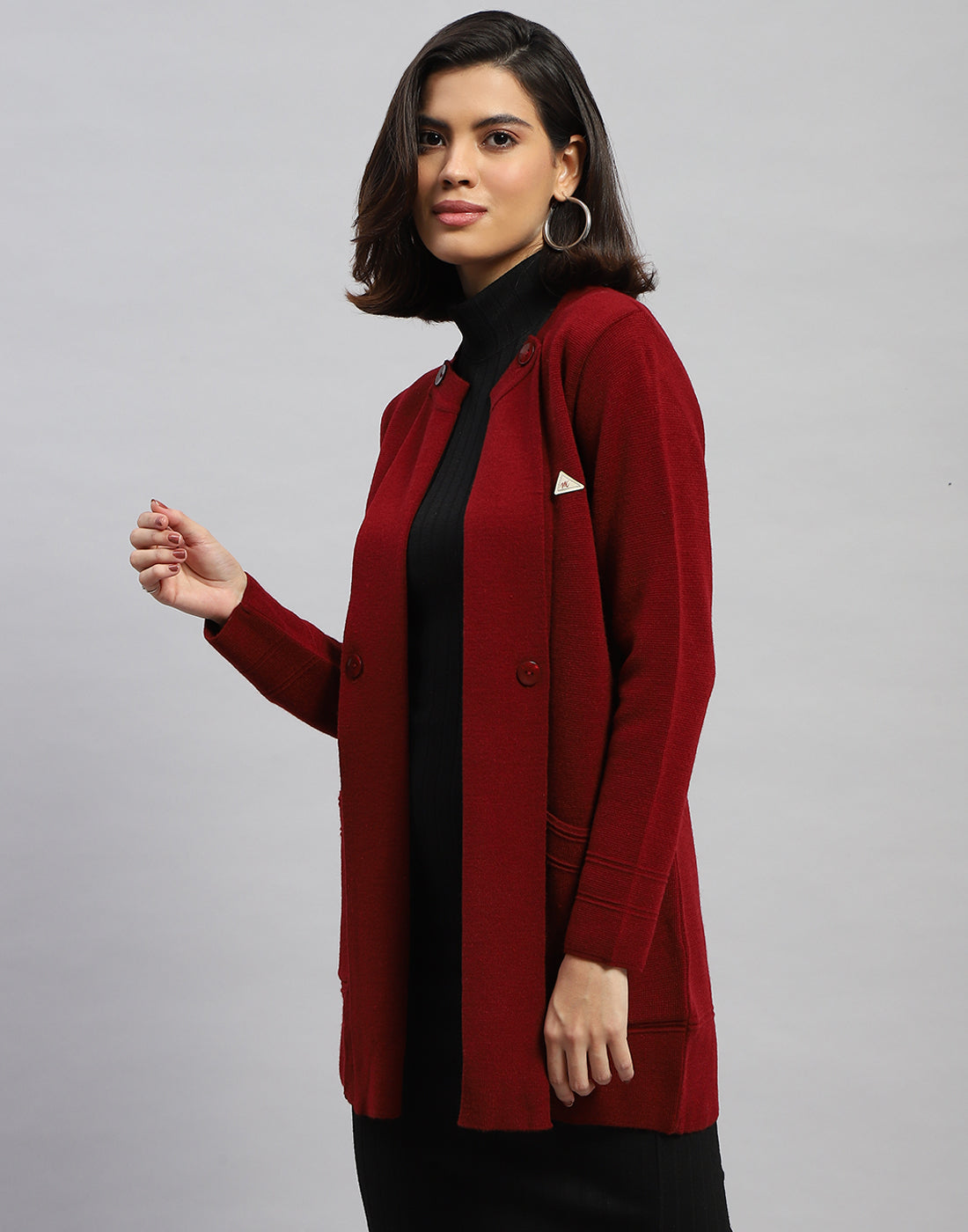 Women Maroon Self Design Round Neck Full Sleeve Cardigan