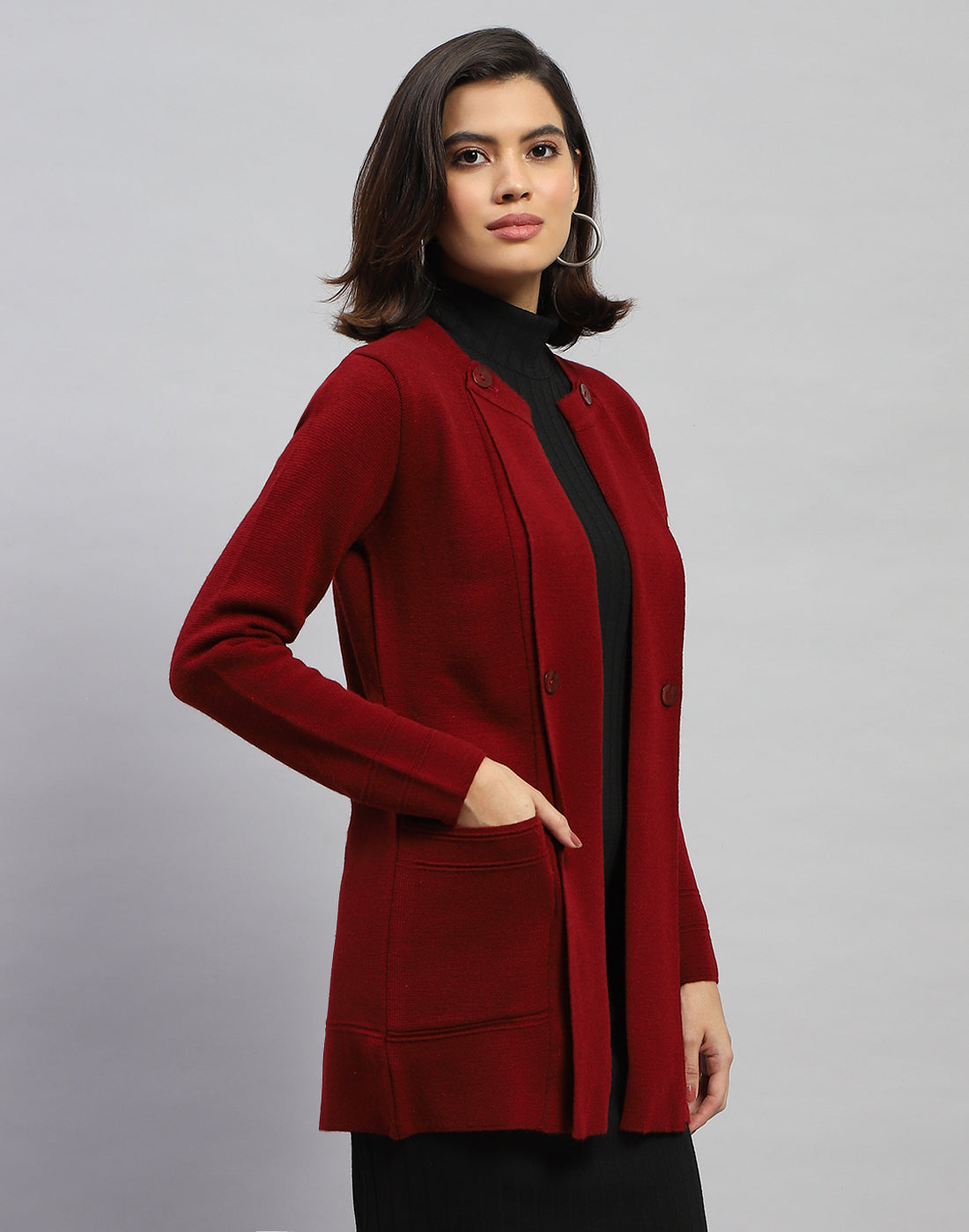 Women Maroon Self Design Round Neck Full Sleeve Cardigan