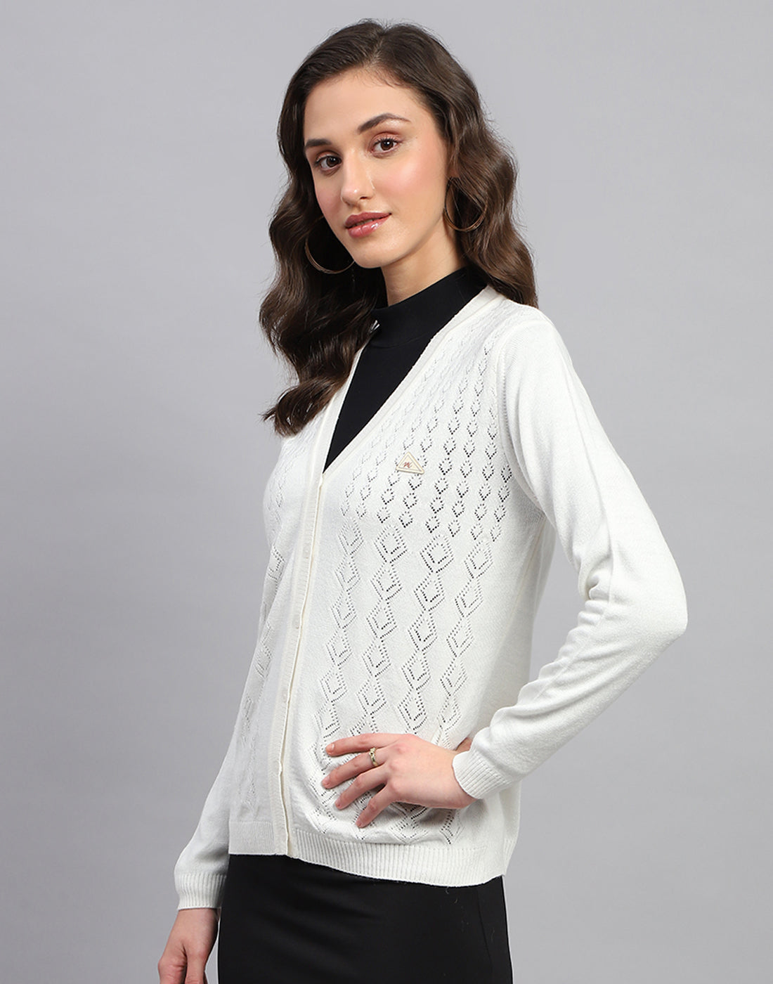 Women White Self Design V Neck Full Sleeve Cardigan