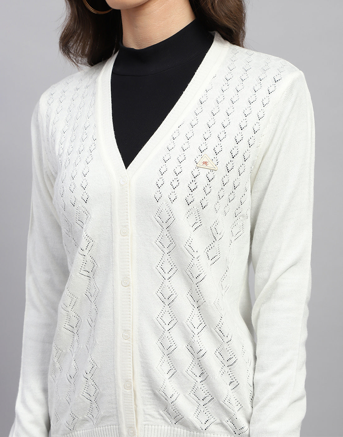 Women White Self Design V Neck Full Sleeve Cardigan