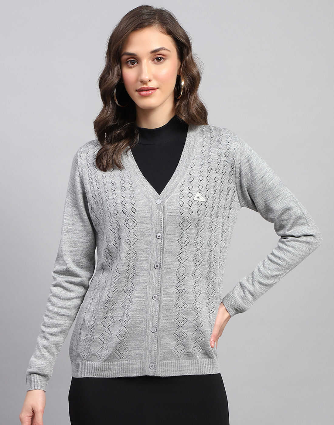 Women Grey Self Design V Neck Full Sleeve Cardigan