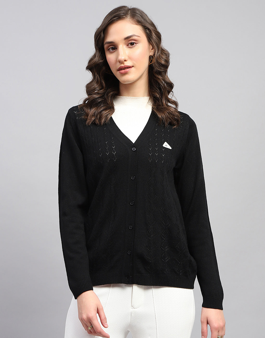 Women Black Self Design V Neck Full Sleeve Cardigan