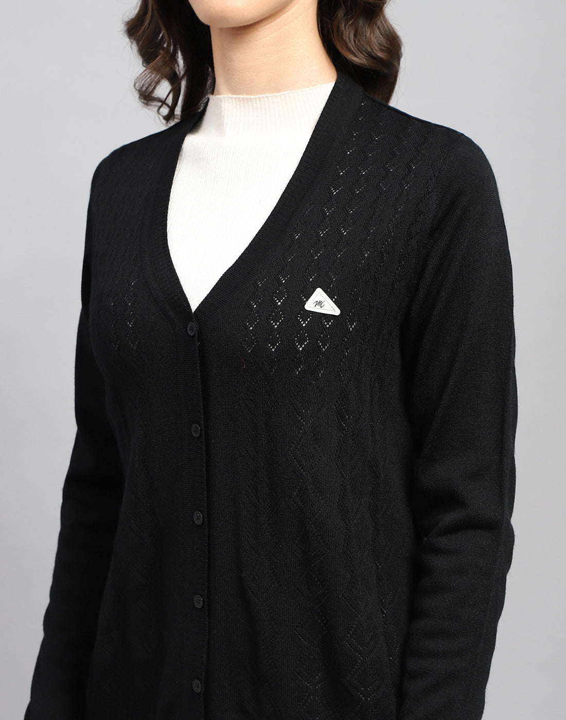 Women Black Self Design V Neck Full Sleeve Cardigan