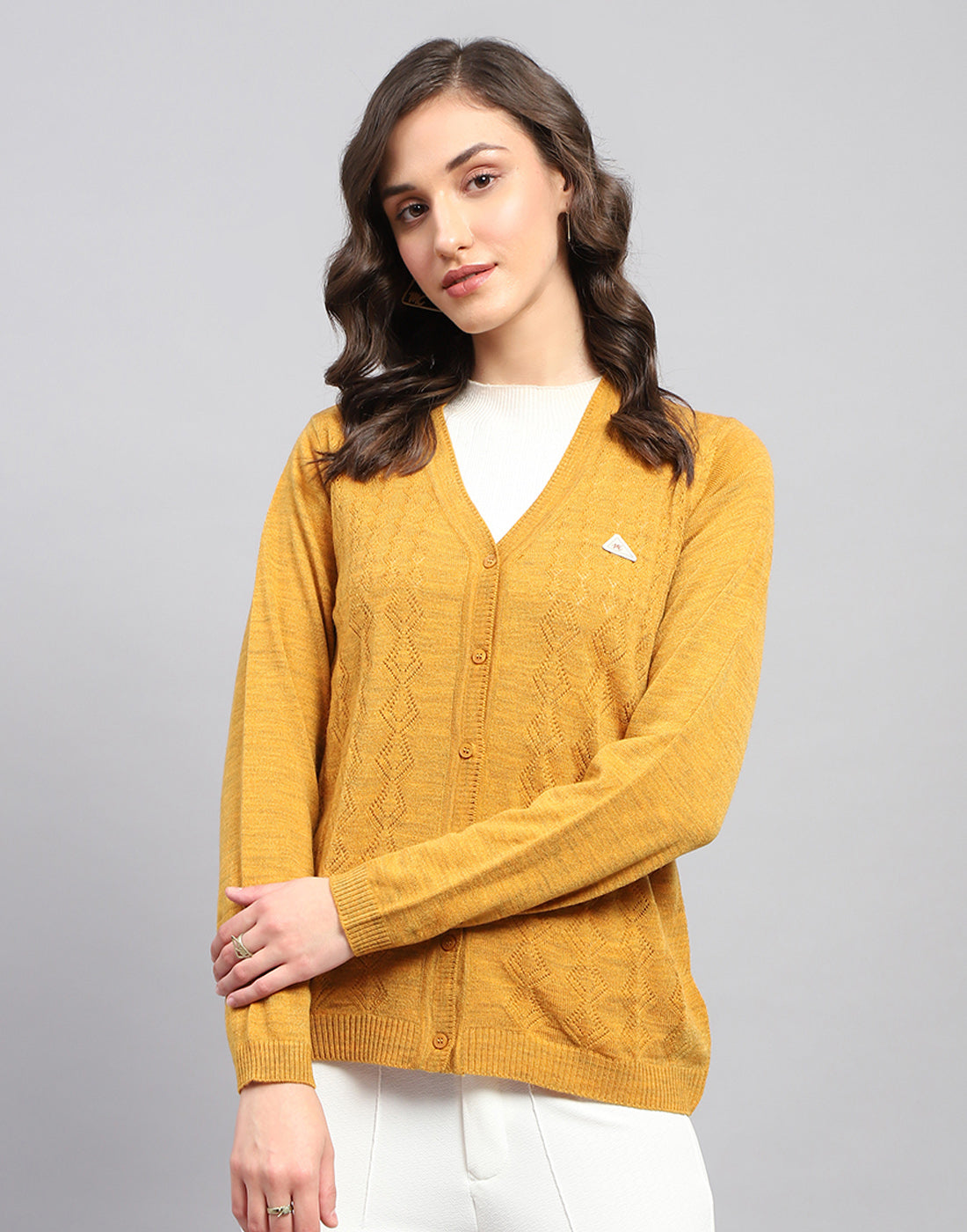 Women Mustard Self Design V Neck Full Sleeve Cardigan