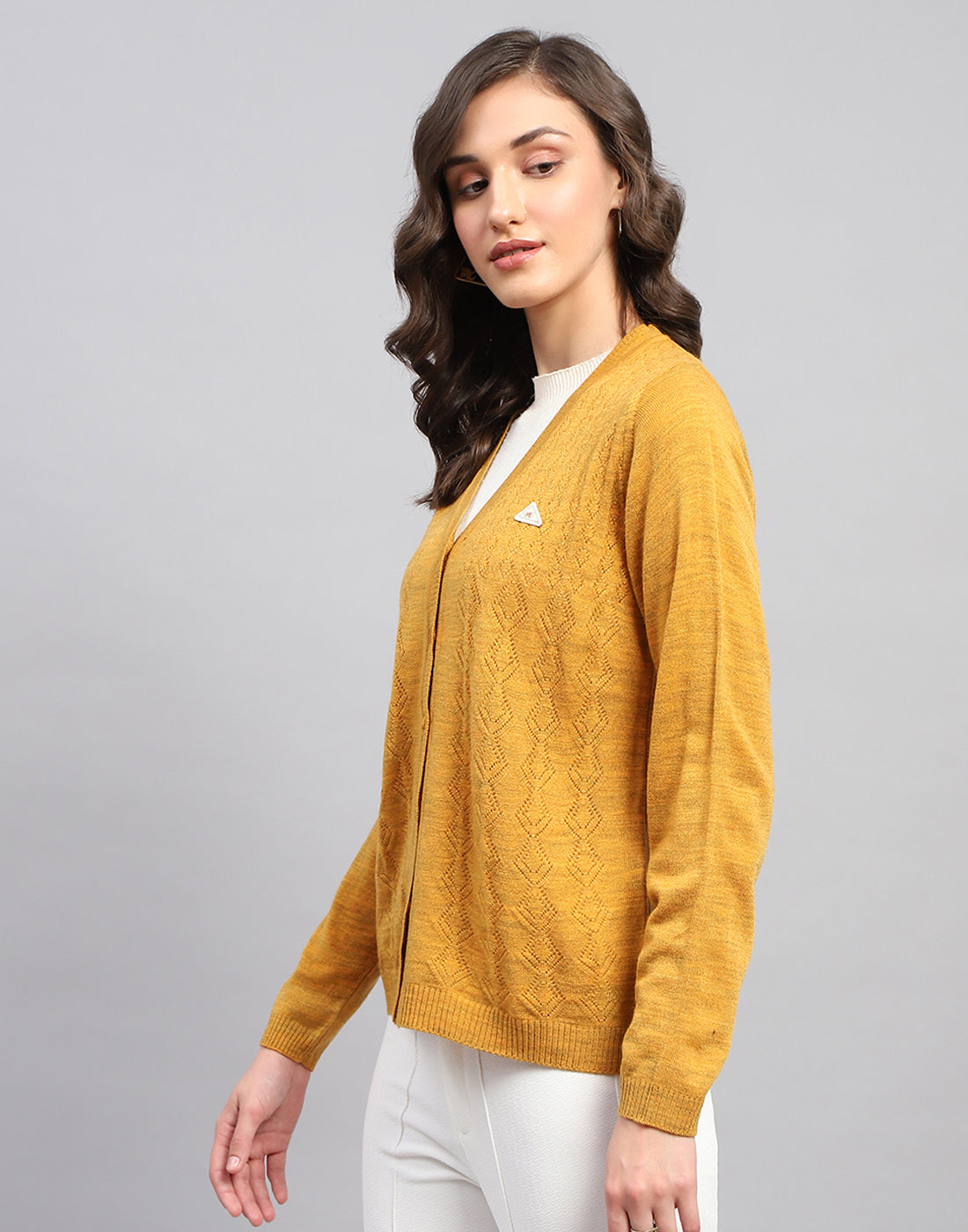 Women Mustard Self Design V Neck Full Sleeve Cardigan