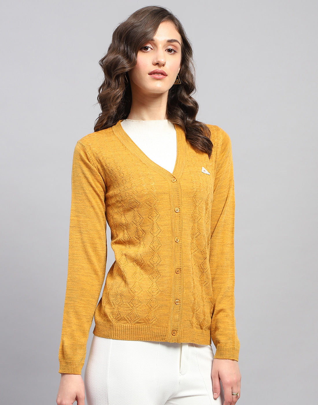 Women Mustard Self Design V Neck Full Sleeve Cardigan