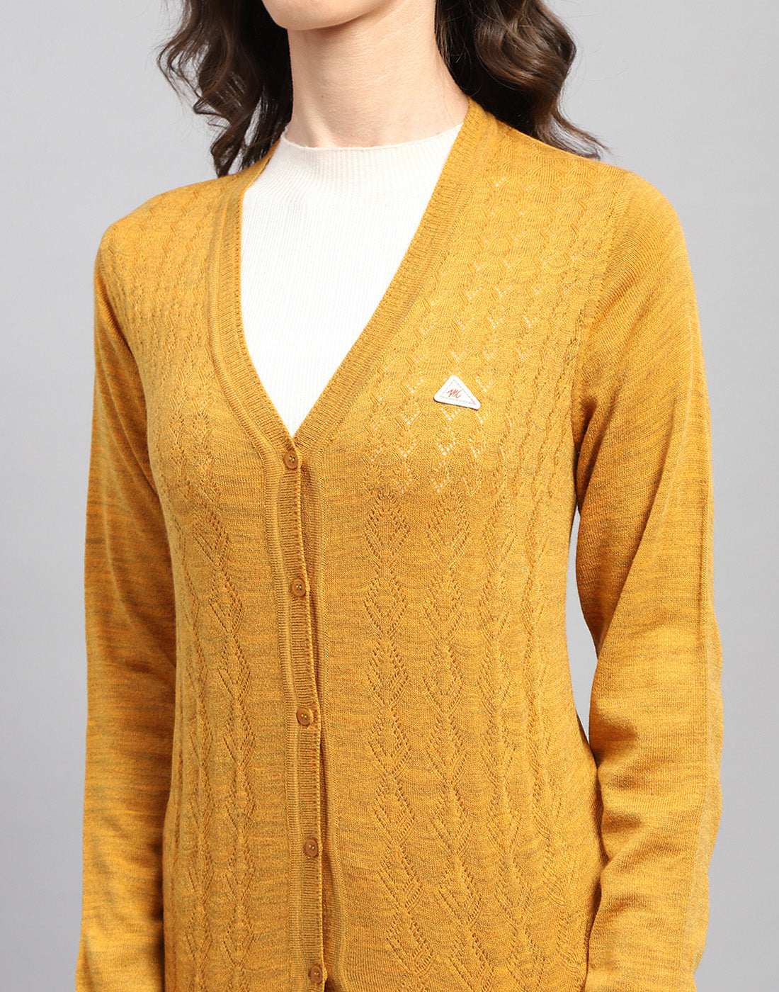 Women Mustard Self Design V Neck Full Sleeve Cardigan