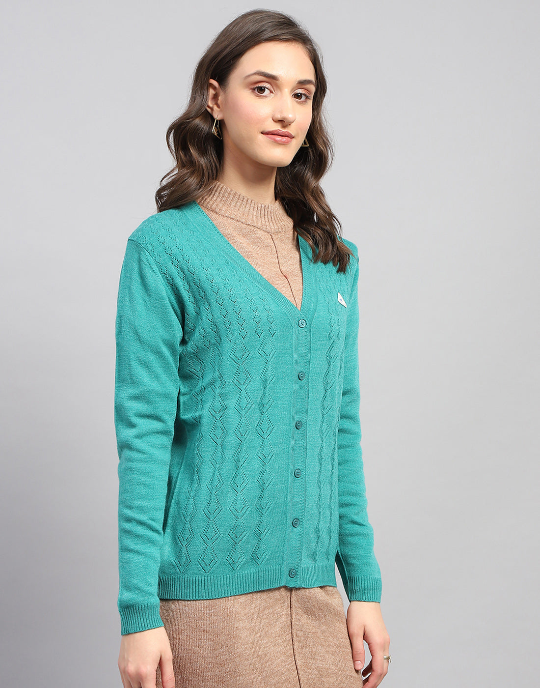 Women Teal Blue Self Design V Neck Full Sleeve Cardigan