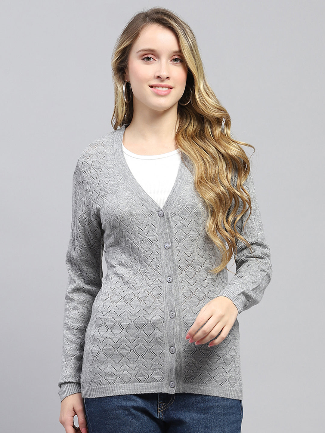 Women Grey Self Design V Neck Full Sleeve Cardigan