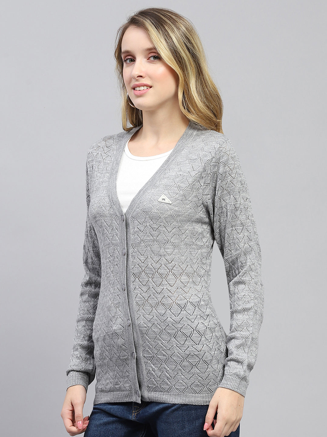 Women Grey Self Design V Neck Full Sleeve Cardigan