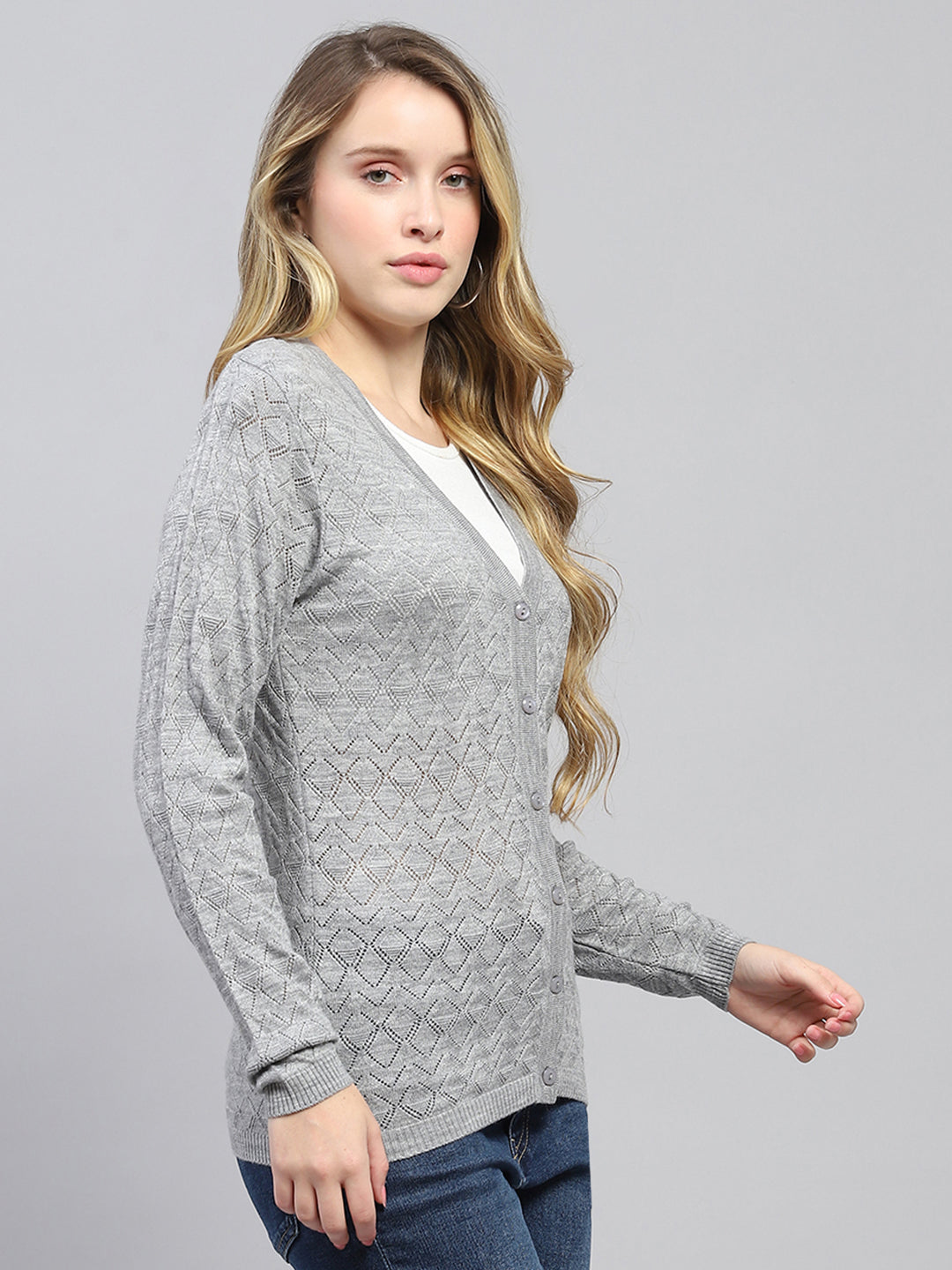 Women Grey Self Design V Neck Full Sleeve Cardigan