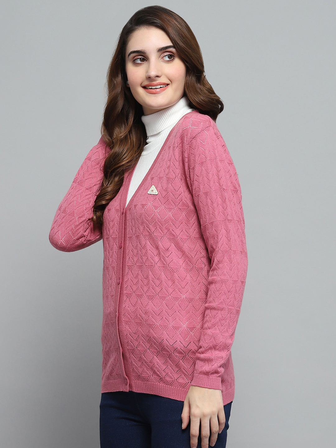 Women Pink Self Design V Neck Full Sleeve Cardigan