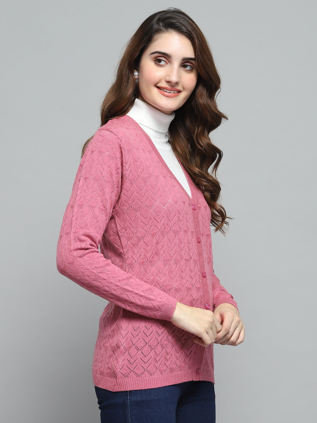 Women Pink Self Design V Neck Full Sleeve Cardigan