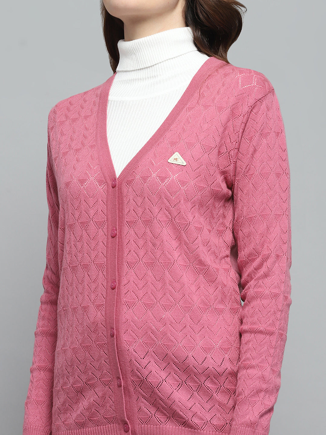 Women Pink Self Design V Neck Full Sleeve Cardigan