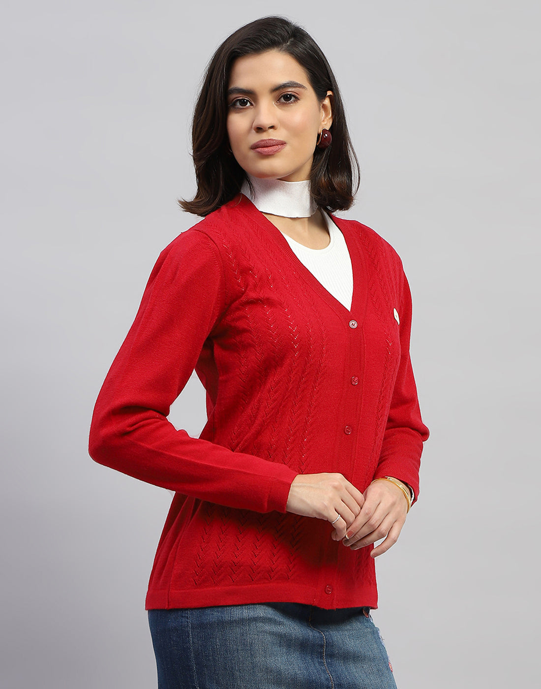 Women Red Self Design V Neck Full Sleeve Cardigan