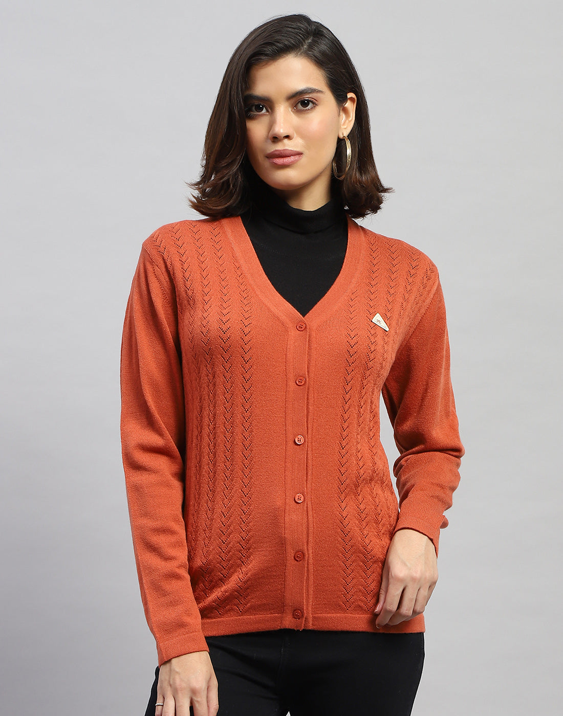 Women Orange Self Design V Neck Full Sleeve Cardigan