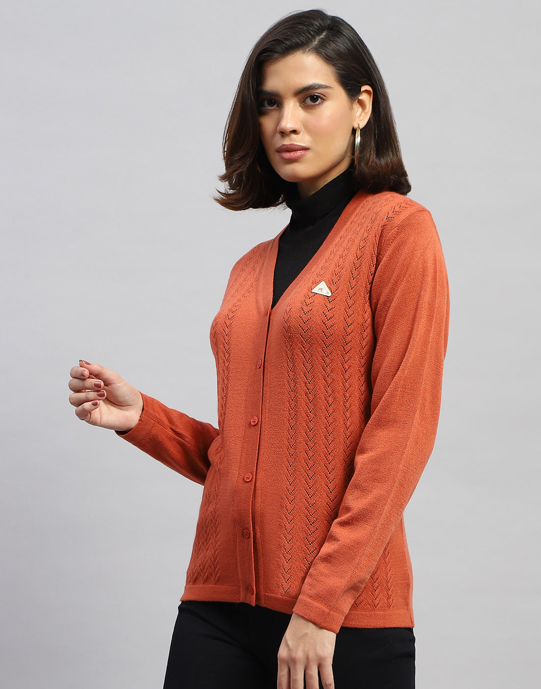 Women Orange Self Design V Neck Full Sleeve Cardigan