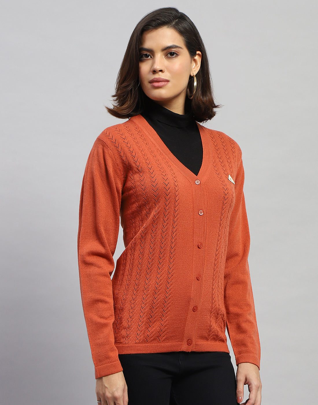 Women Orange Self Design V Neck Full Sleeve Cardigan