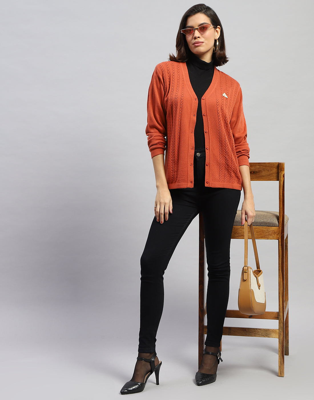 Women Orange Self Design V Neck Full Sleeve Cardigan