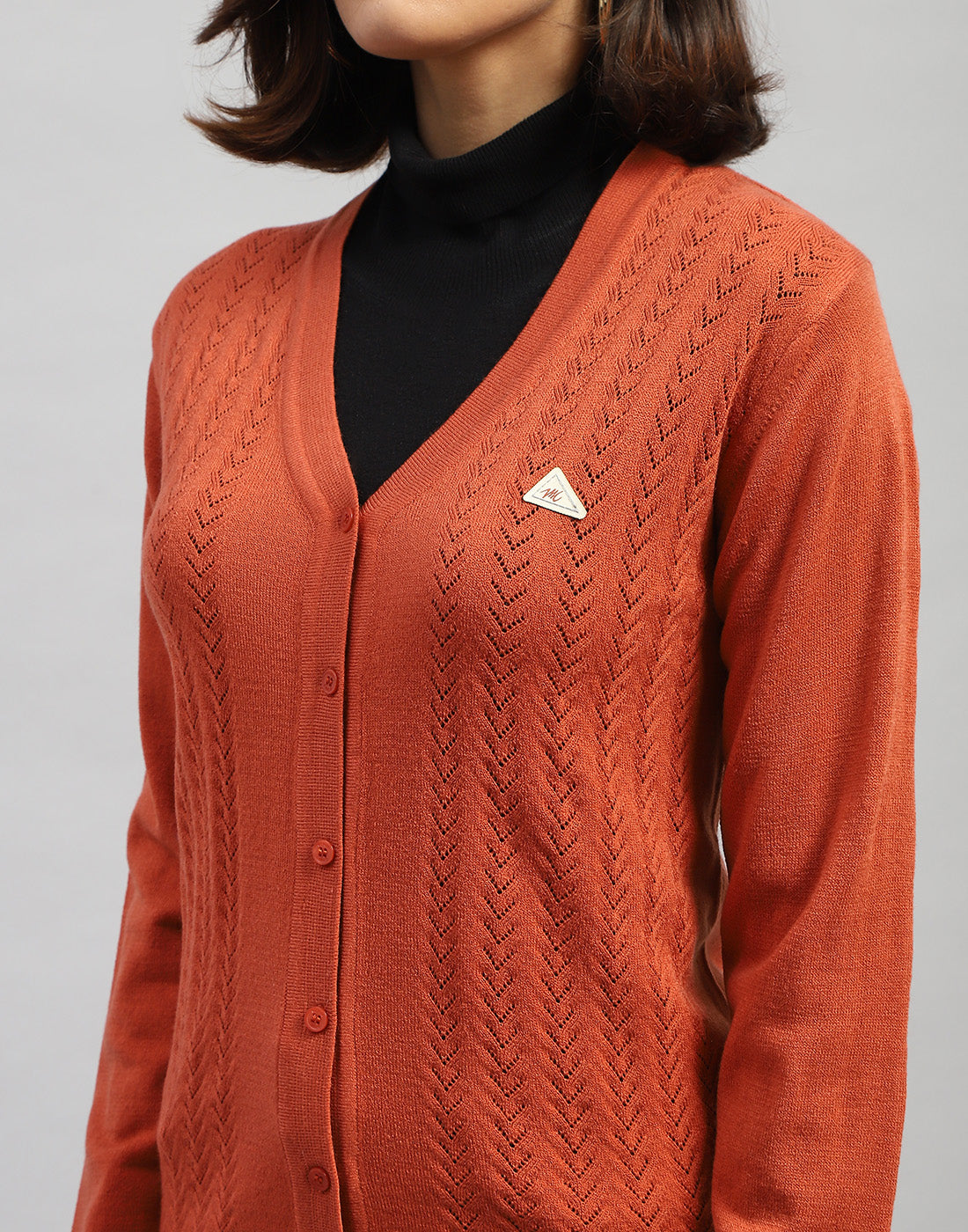 Women Orange Self Design V Neck Full Sleeve Cardigan