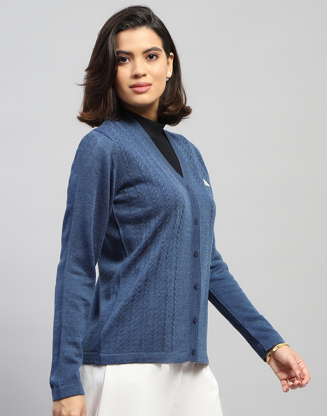 Women Blue Self Design V Neck Full Sleeve Cardigan