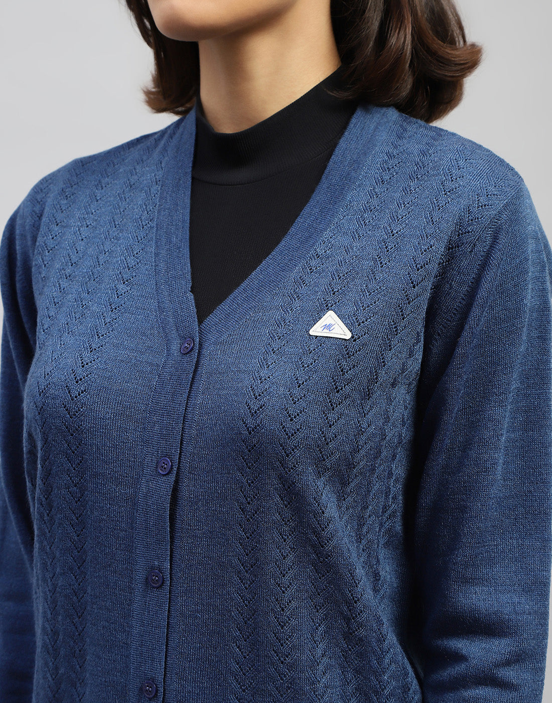 Women Blue Self Design V Neck Full Sleeve Cardigan