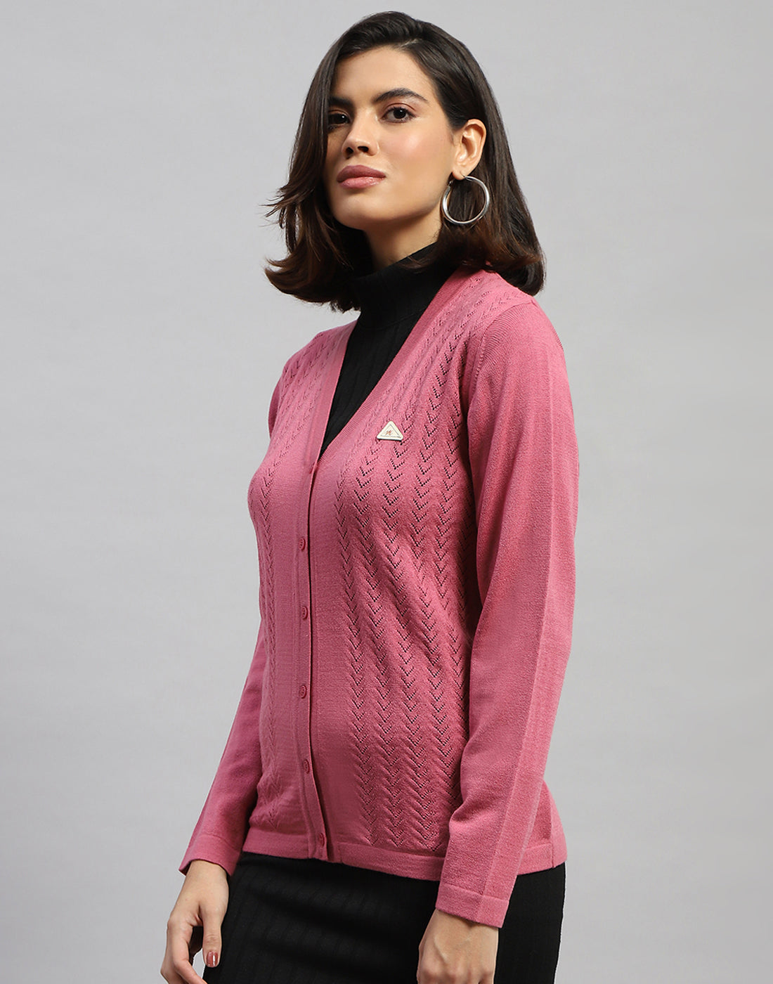 Women Pink Self Design V Neck Full Sleeve Cardigan