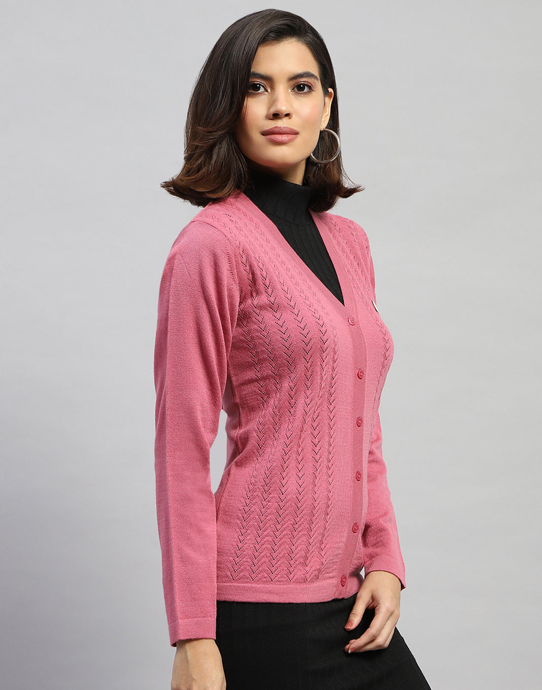 Women Pink Self Design V Neck Full Sleeve Cardigan