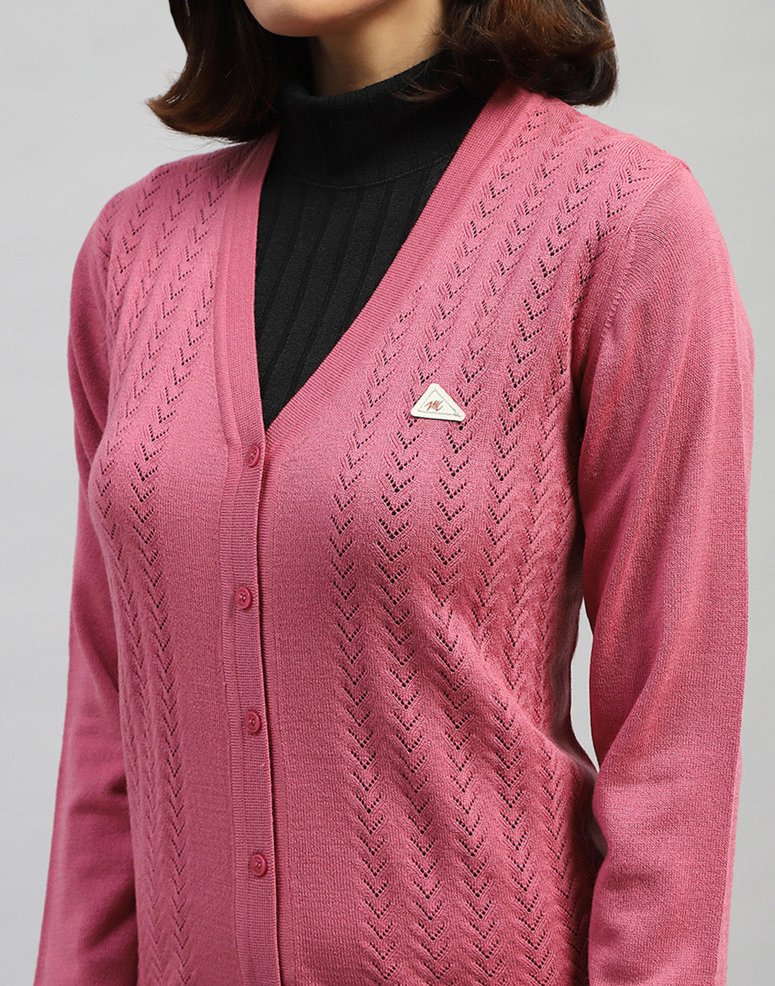 Women Pink Self Design V Neck Full Sleeve Cardigan