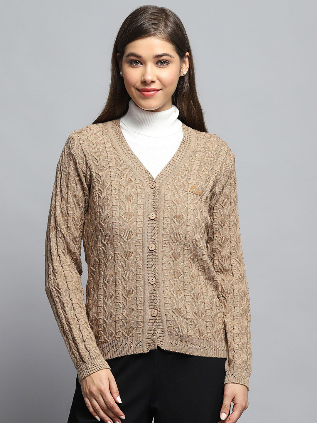 Women Brown Self Design V Neck Full Sleeve Cardigan