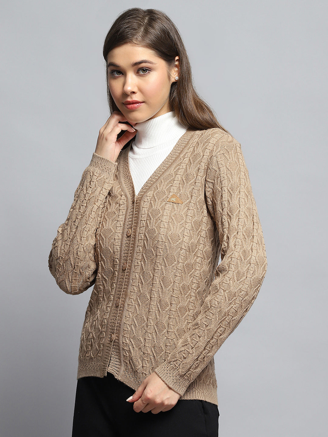 Women Brown Self Design V Neck Full Sleeve Cardigan