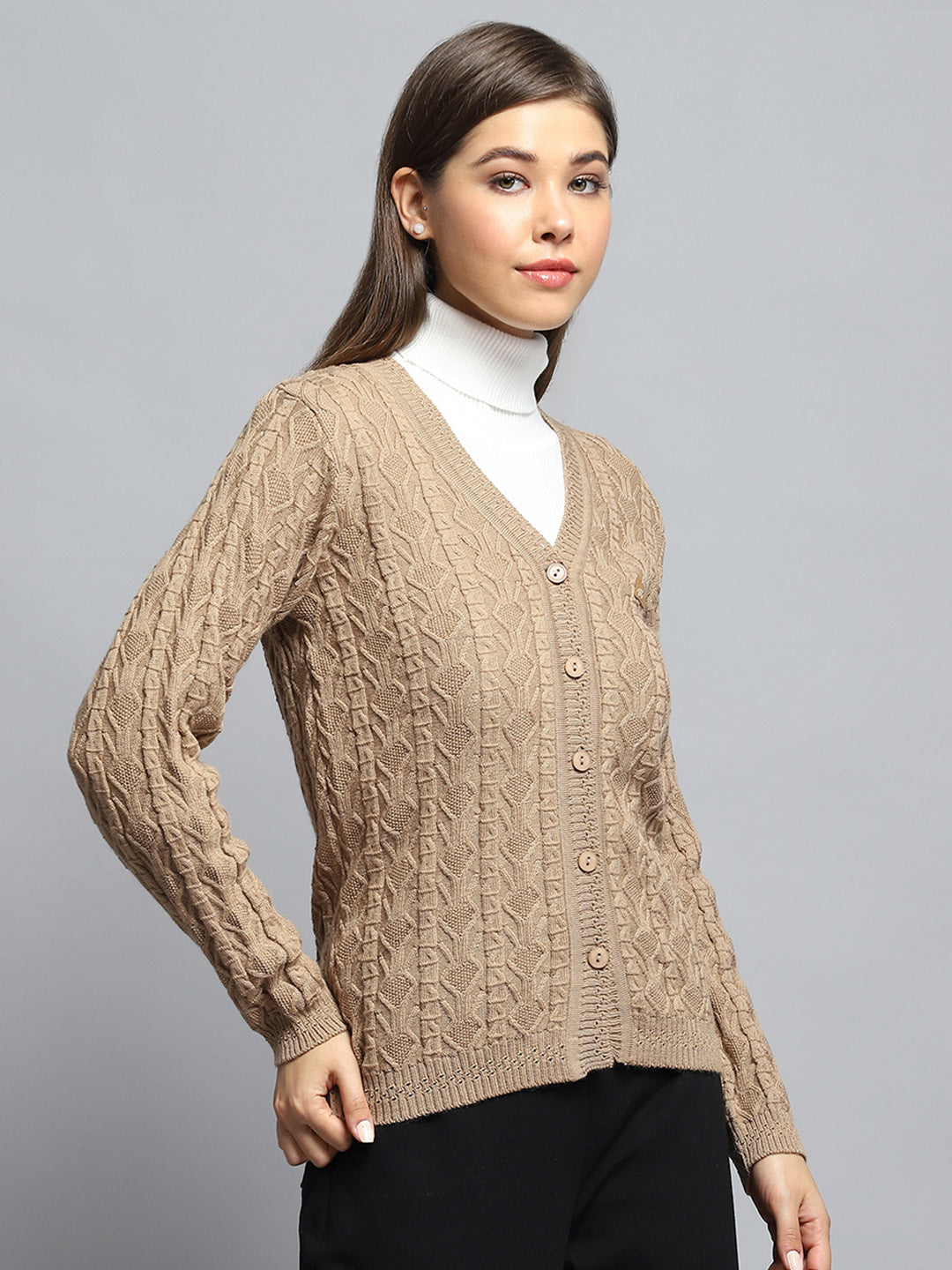 Women Brown Self Design V Neck Full Sleeve Cardigan