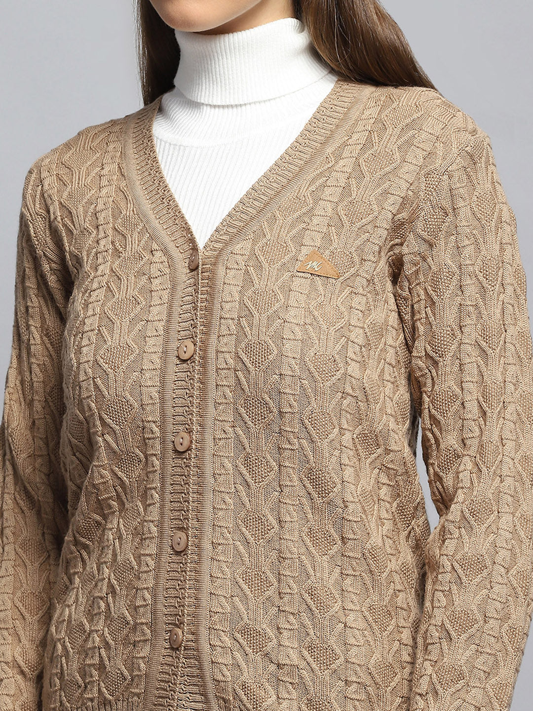 Women Brown Self Design V Neck Full Sleeve Cardigan