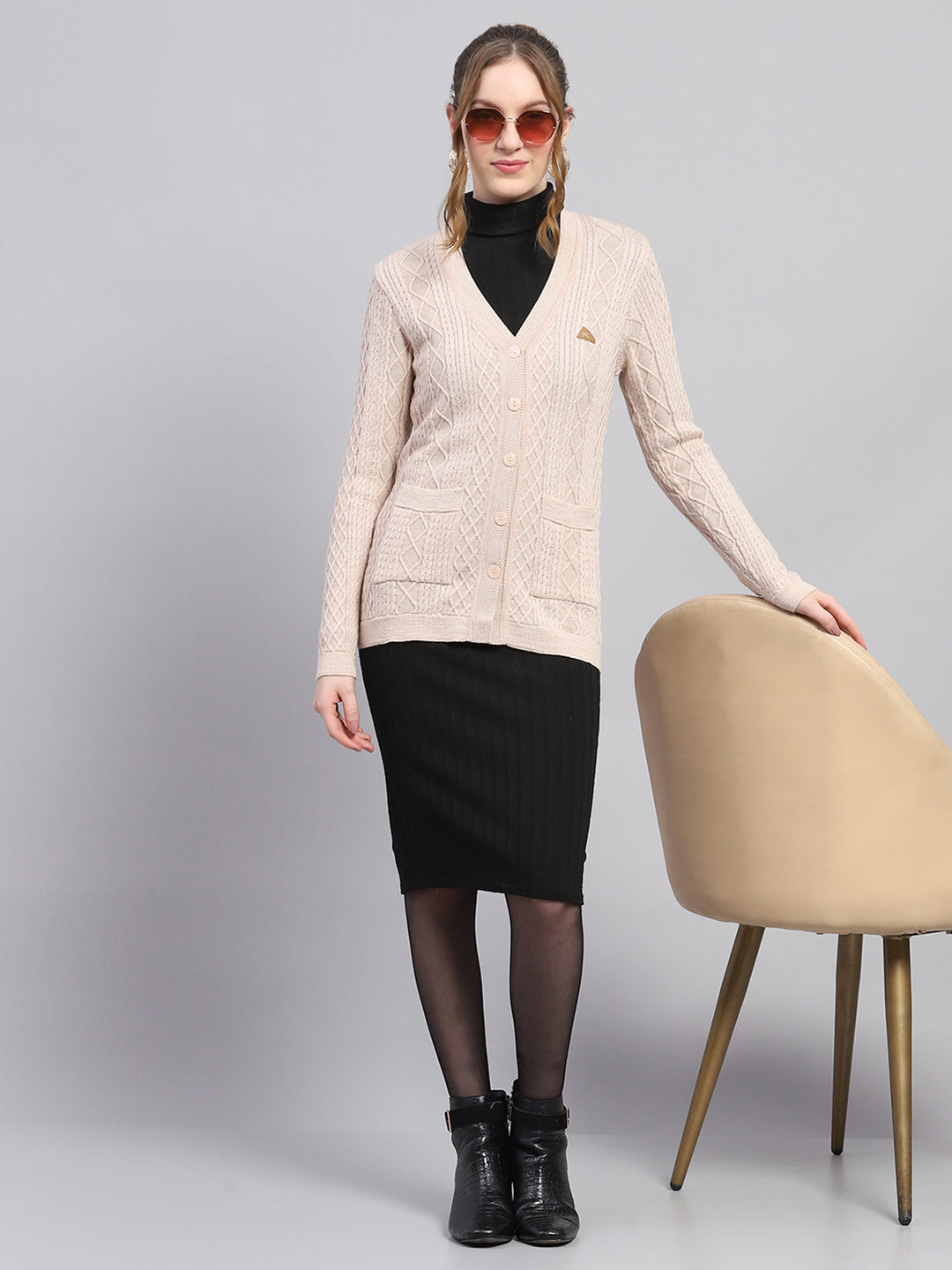 Women Beige Self Design V Neck Full Sleeve Cardigan