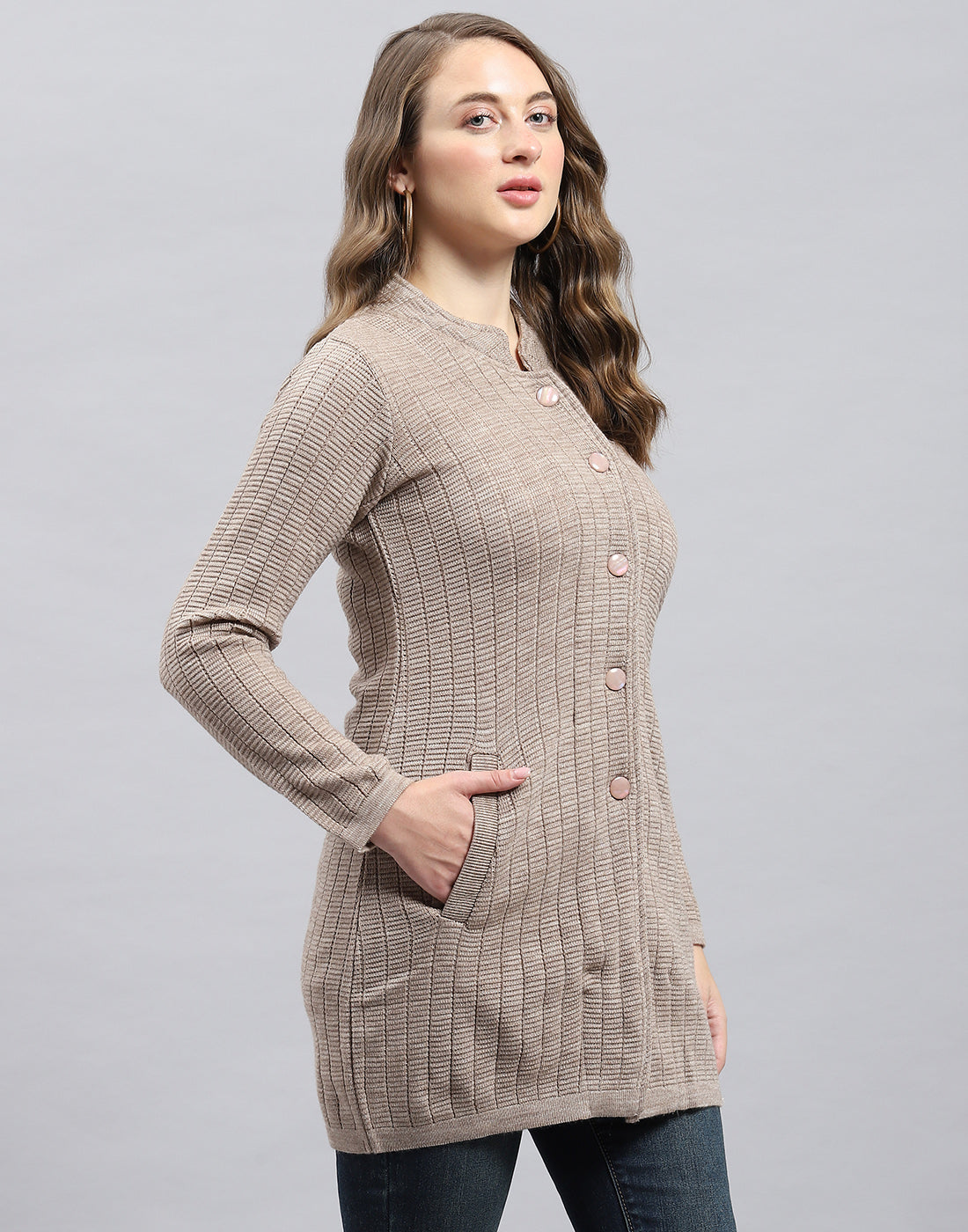 Women Beige Self Design Round Neck Full Sleeve Knitted coat